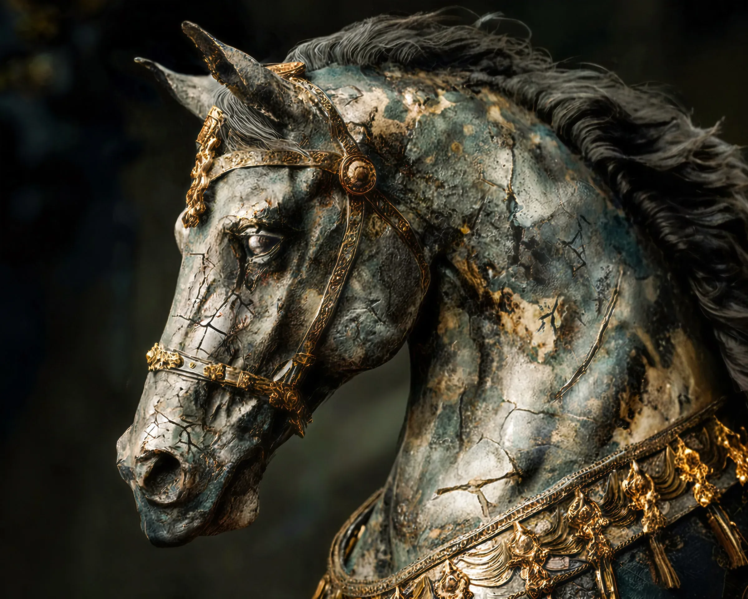 Full view of Standing Pride by Nariman Fatemi, a monumental horse painting with a weathered surface, muted green-grey patina, and gold ornamentation.