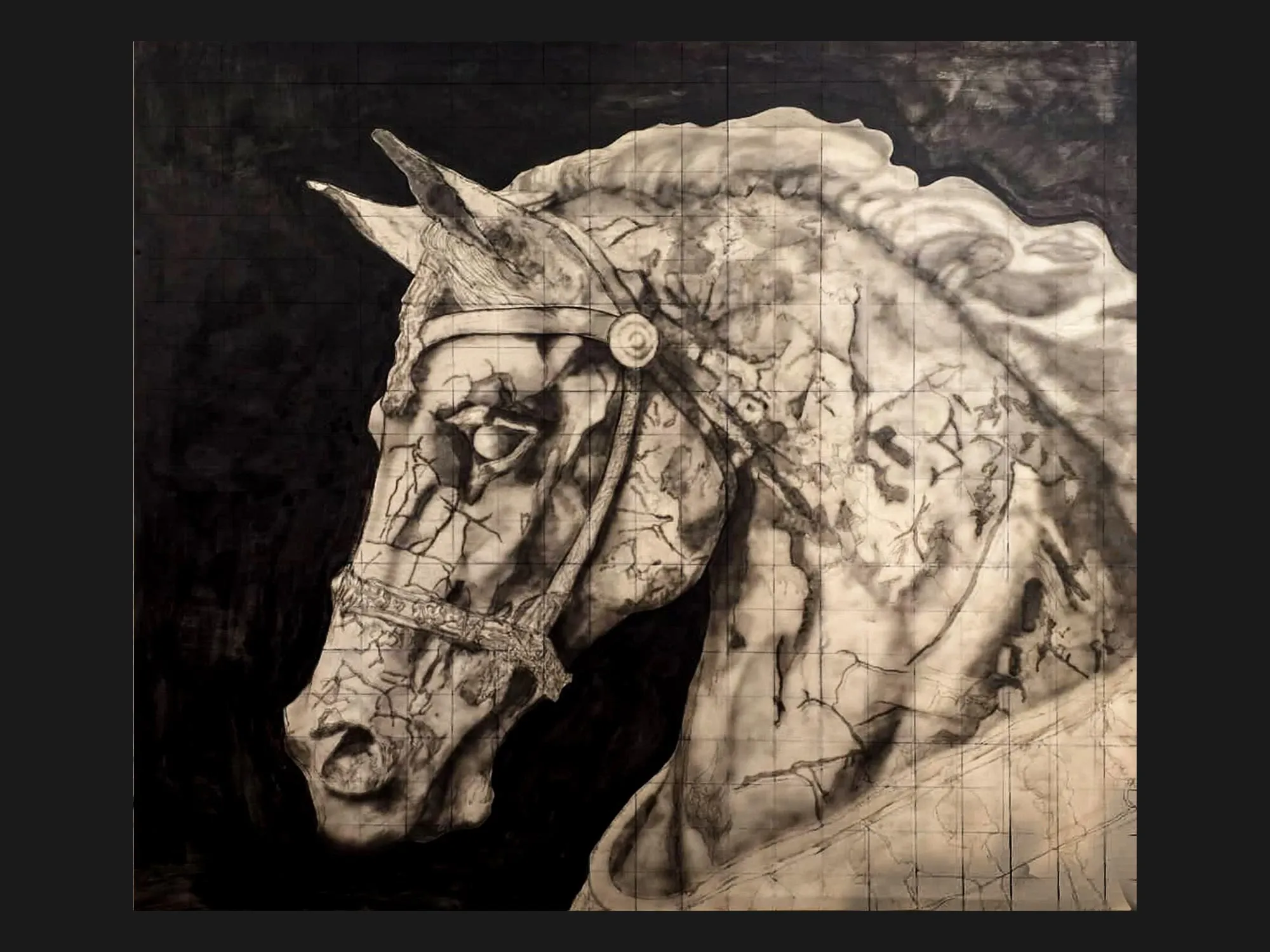 Preparatory sketch for Standing Pride by Nariman Fatemi, showing the horse portrait and ornamental composition.