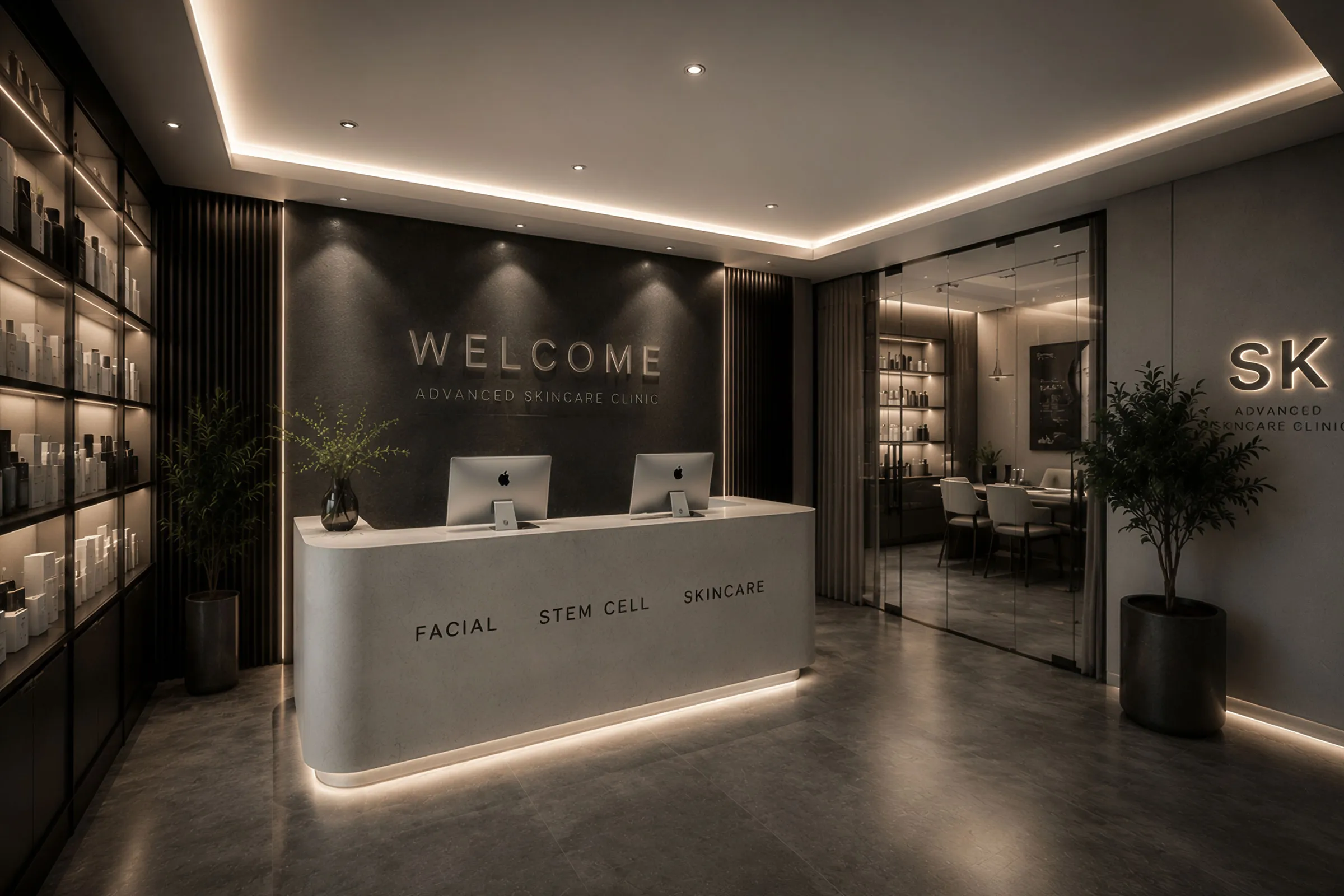Modern skin clinic reception in U Complex with grey walls, pale stone desk, integrated lighting and a restrained professional atmosphere.