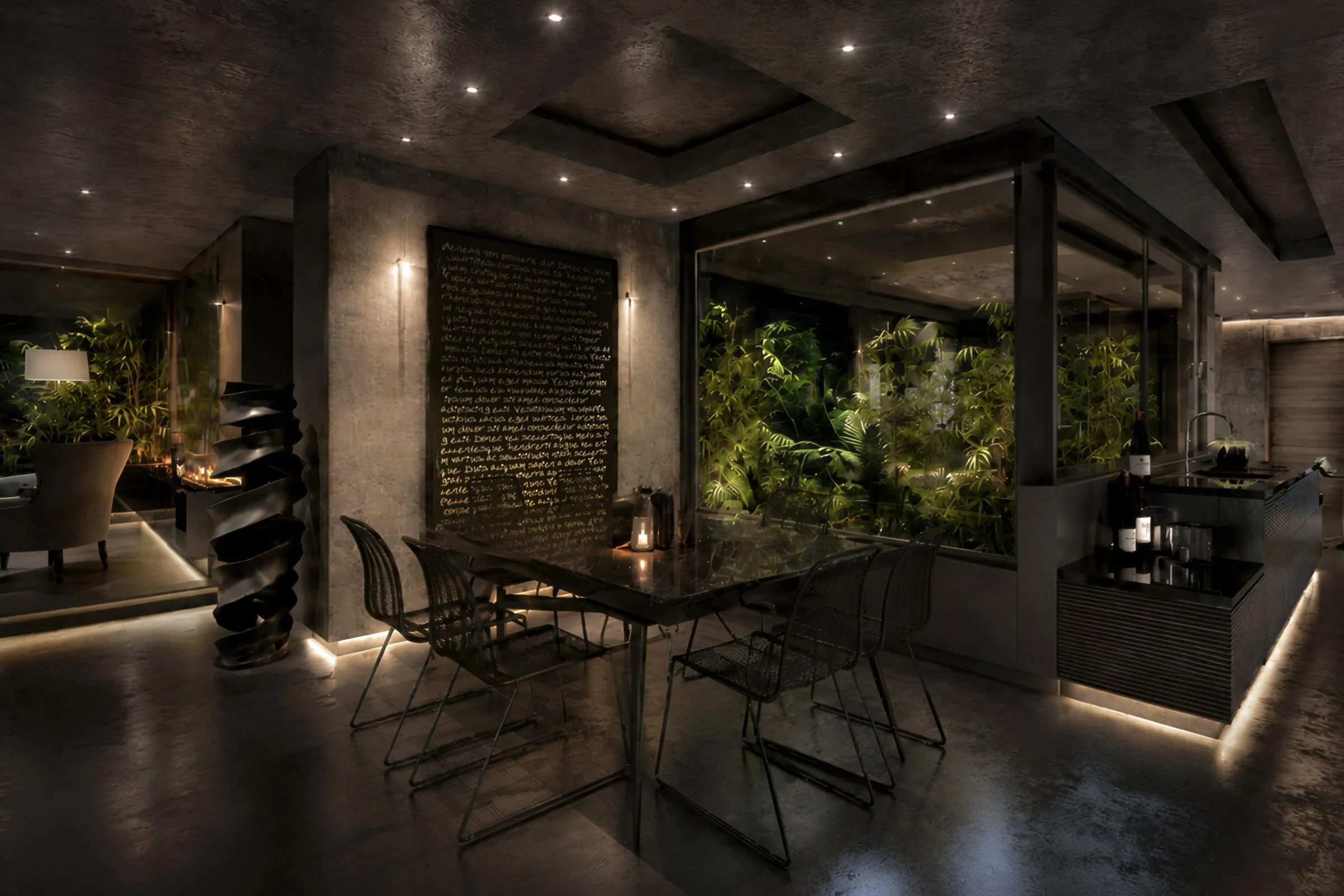 Dark Tehran penthouse interior with dining furniture, reflective surfaces and a large illuminated planted terrarium at the centre.