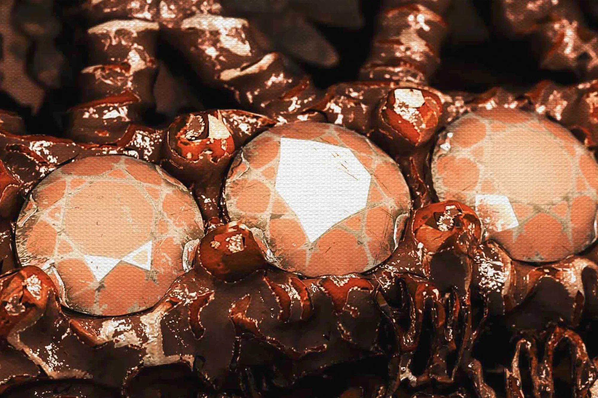 Detail view of the crown-like ornament and textured surface in The Inner Mask by Nariman Fatemi.