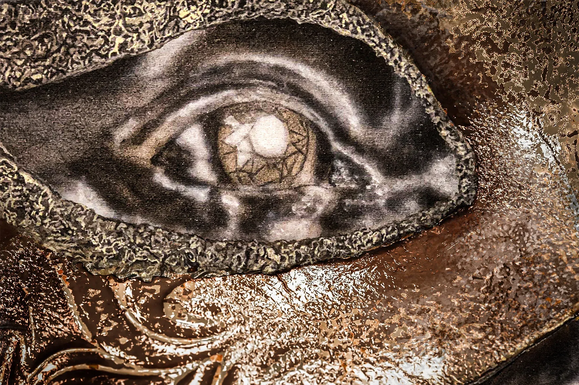 Detail view of the eye, mask, and layered painted surface in The Inner Mask by Nariman Fatemi.
