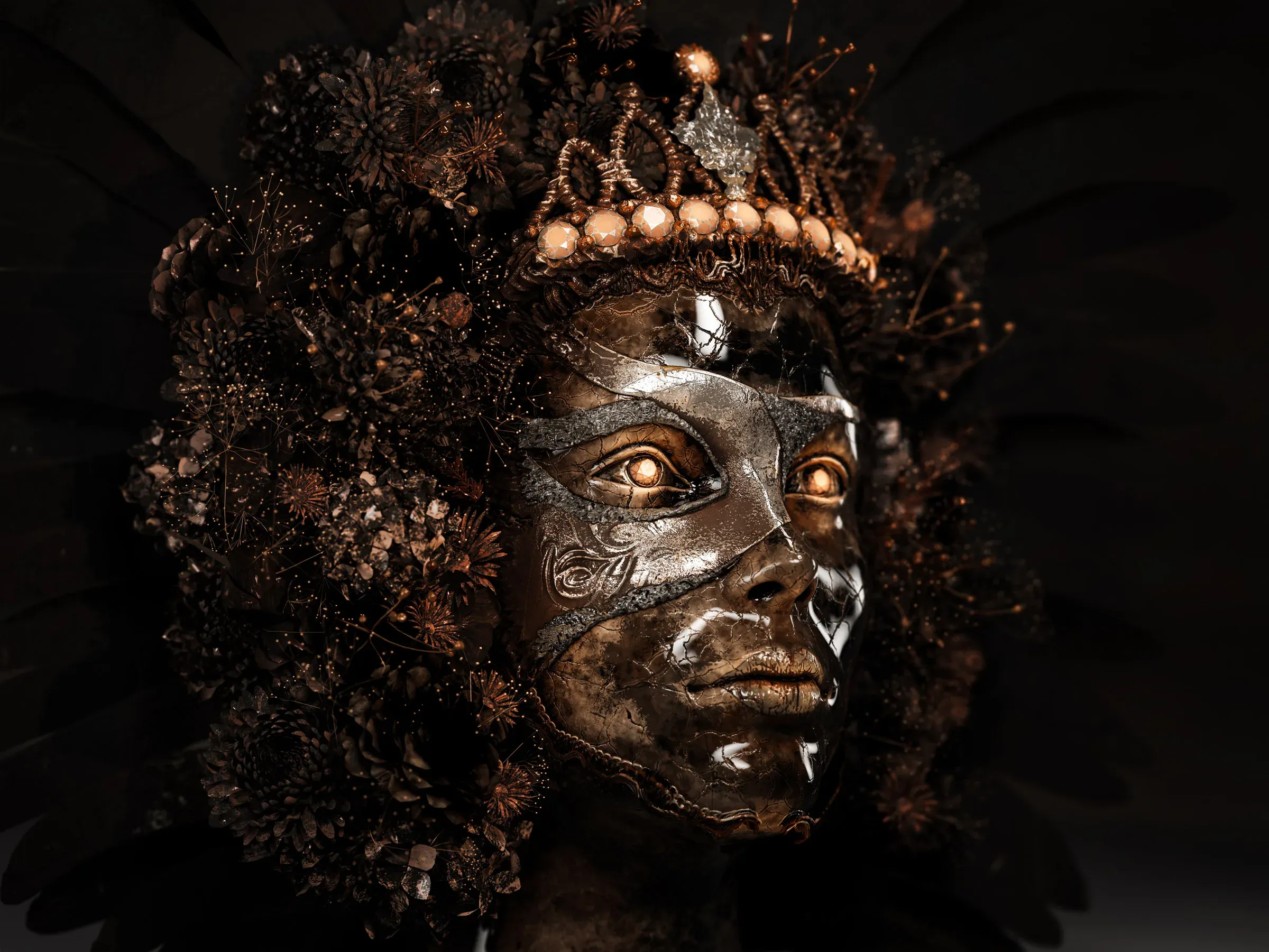 Full view of The Inner Mask by Nariman Fatemi, a large acrylic painting of a masked figure with luminous eyes and ornamental floral textures.