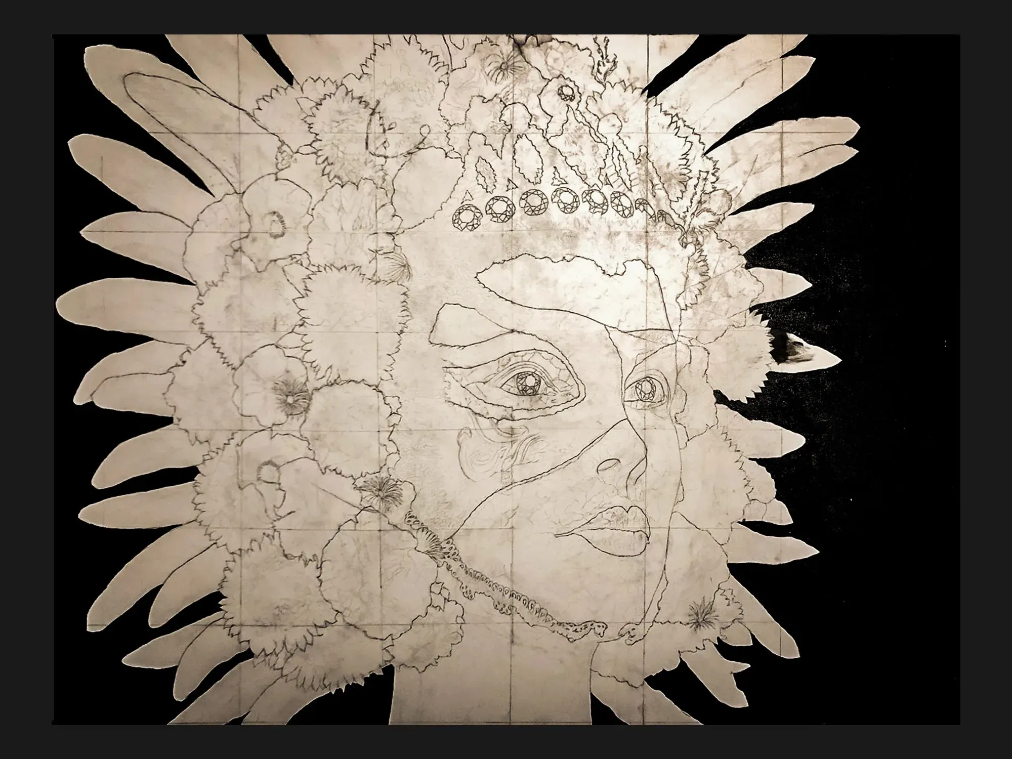 Preparatory sketch for The Inner Mask by Nariman Fatemi, showing the full composition of the figure, flowers, and ornamental crown.