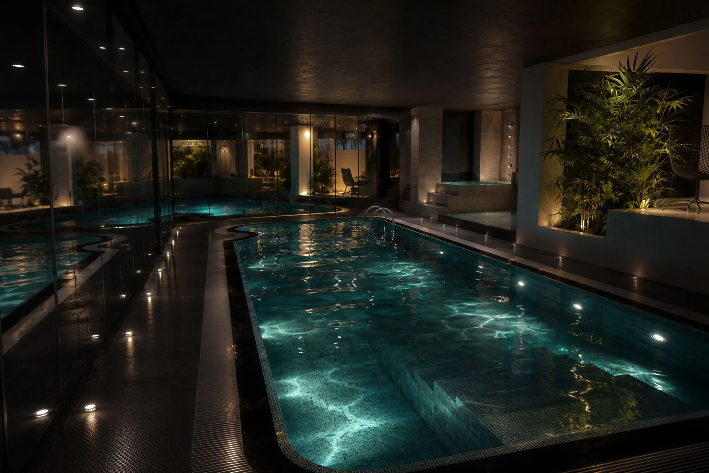 Dark indoor swimming pool in a Lavasan villa with turquoise water, tropical planting, reflective surfaces and integrated lighting.