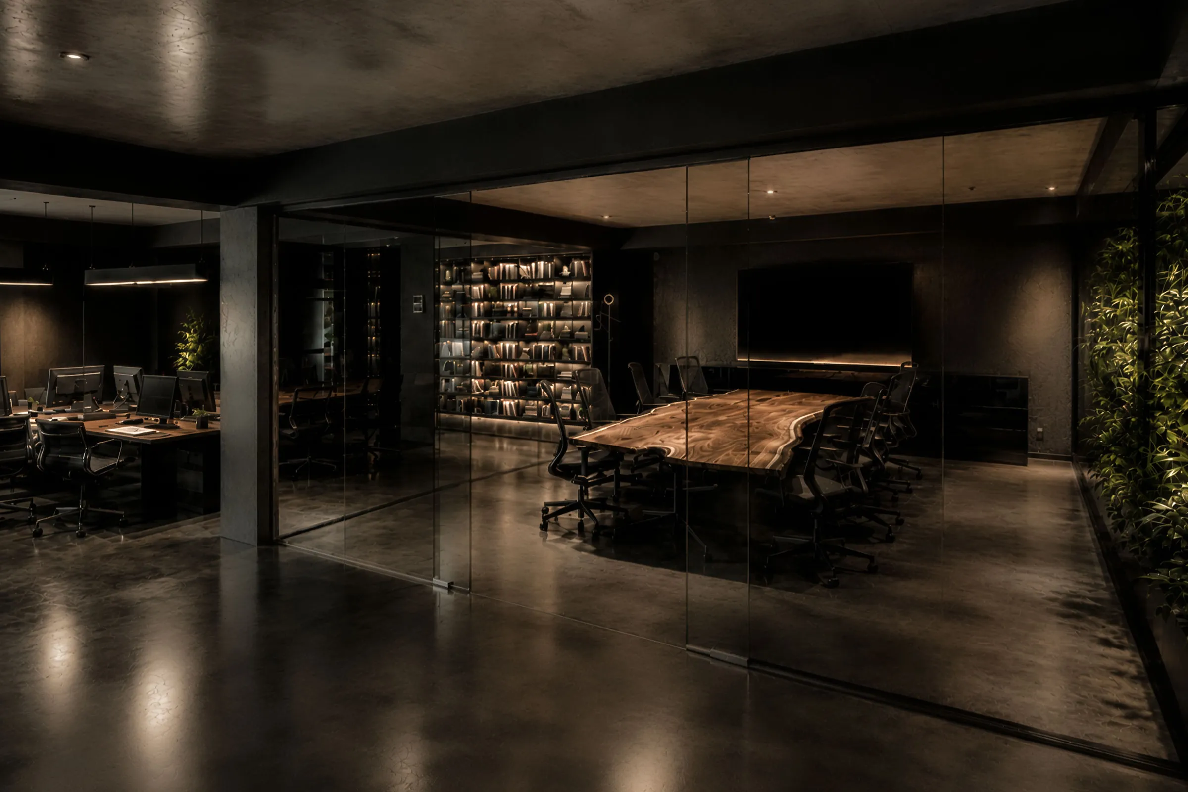Dark U Complex main office interior with a large meeting table, warm timber shelving, integrated lighting and planted edges.