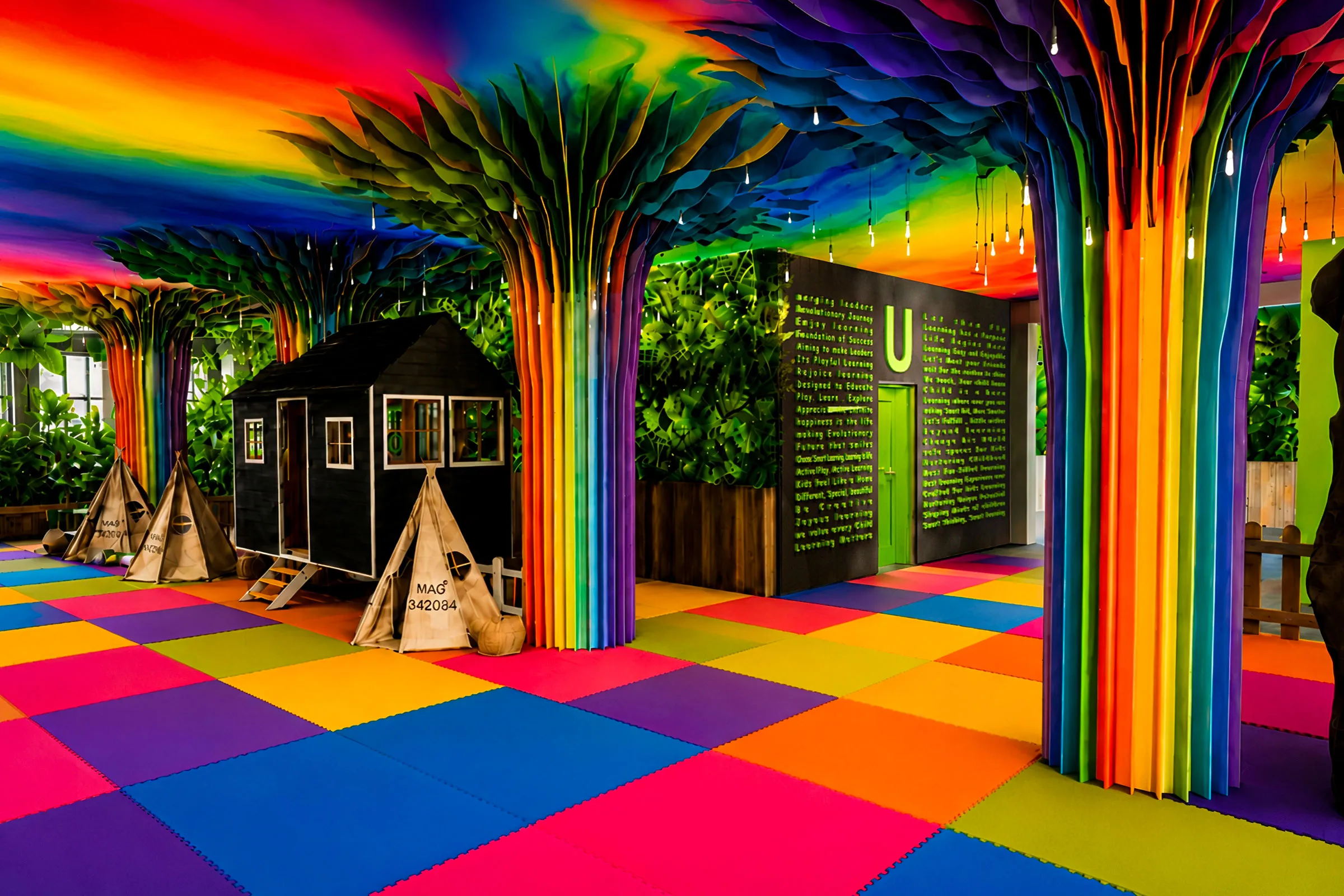 Colourful U Play House interior in Tehran with rainbow columns, bright floor tiles, tropical plants and children’s play zones.