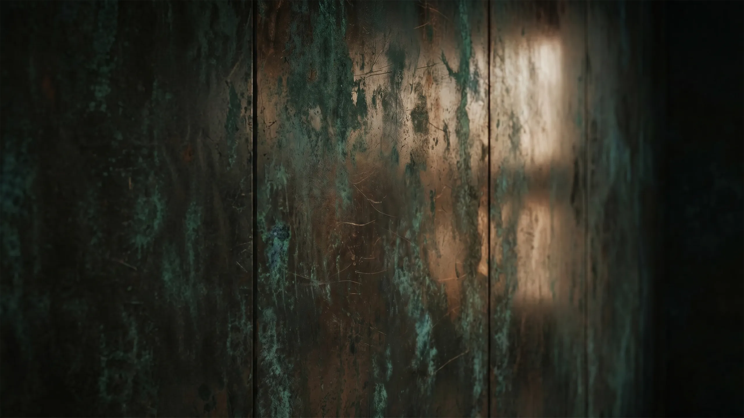 Close view of aged copper panels with deep green patina, scratches and warm reflected light revealing how the metal changes over time.