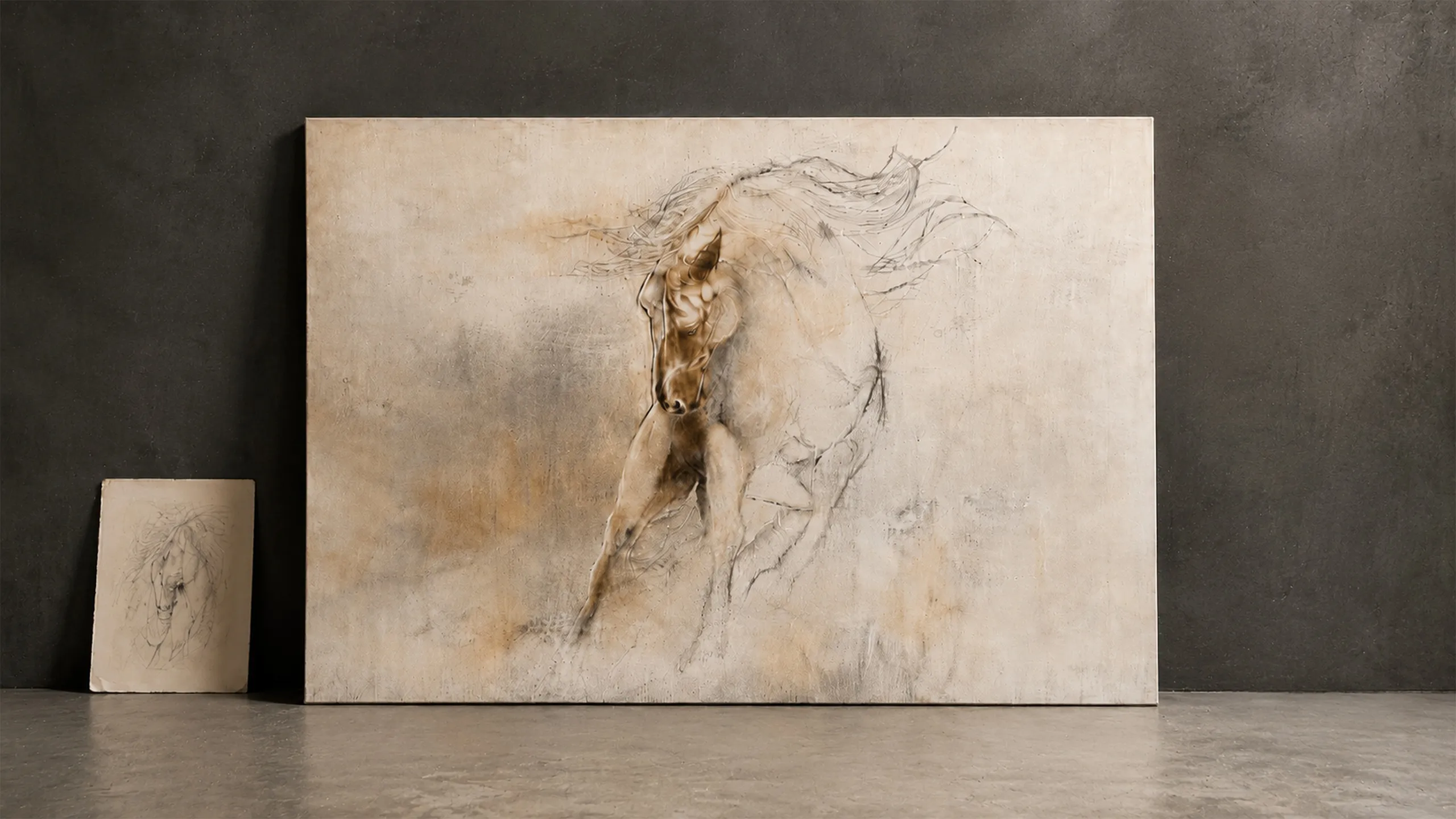 Large unfinished horse painting leaning against a dark textured wall, with a smaller preparatory sketch beside the canvas.