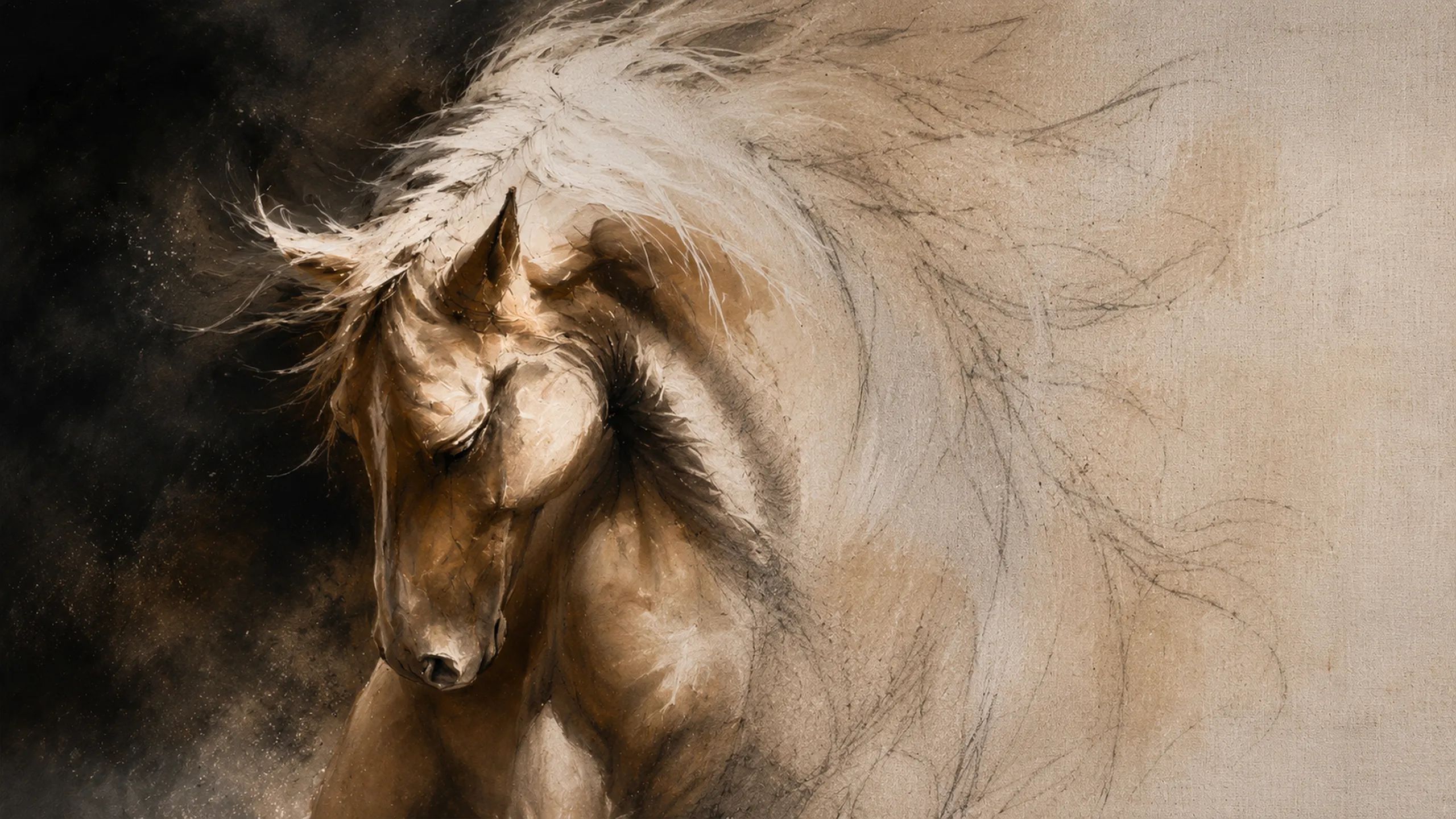 Close view of an unfinished horse artwork transitioning from a dark painted head into loose line drawing on a pale textured surface.