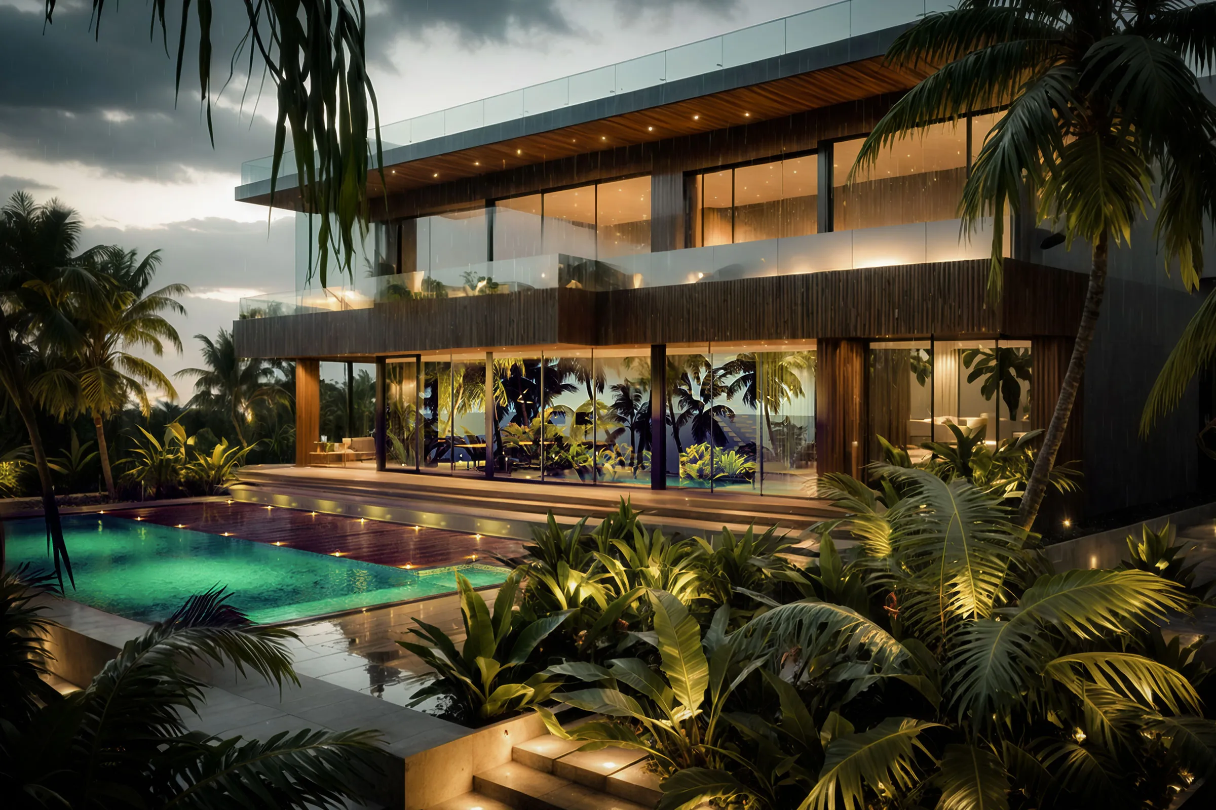 Tropical Zanzibar villa at dusk with a swimming pool, warm timber architecture, broad glazing and dense palm planting.